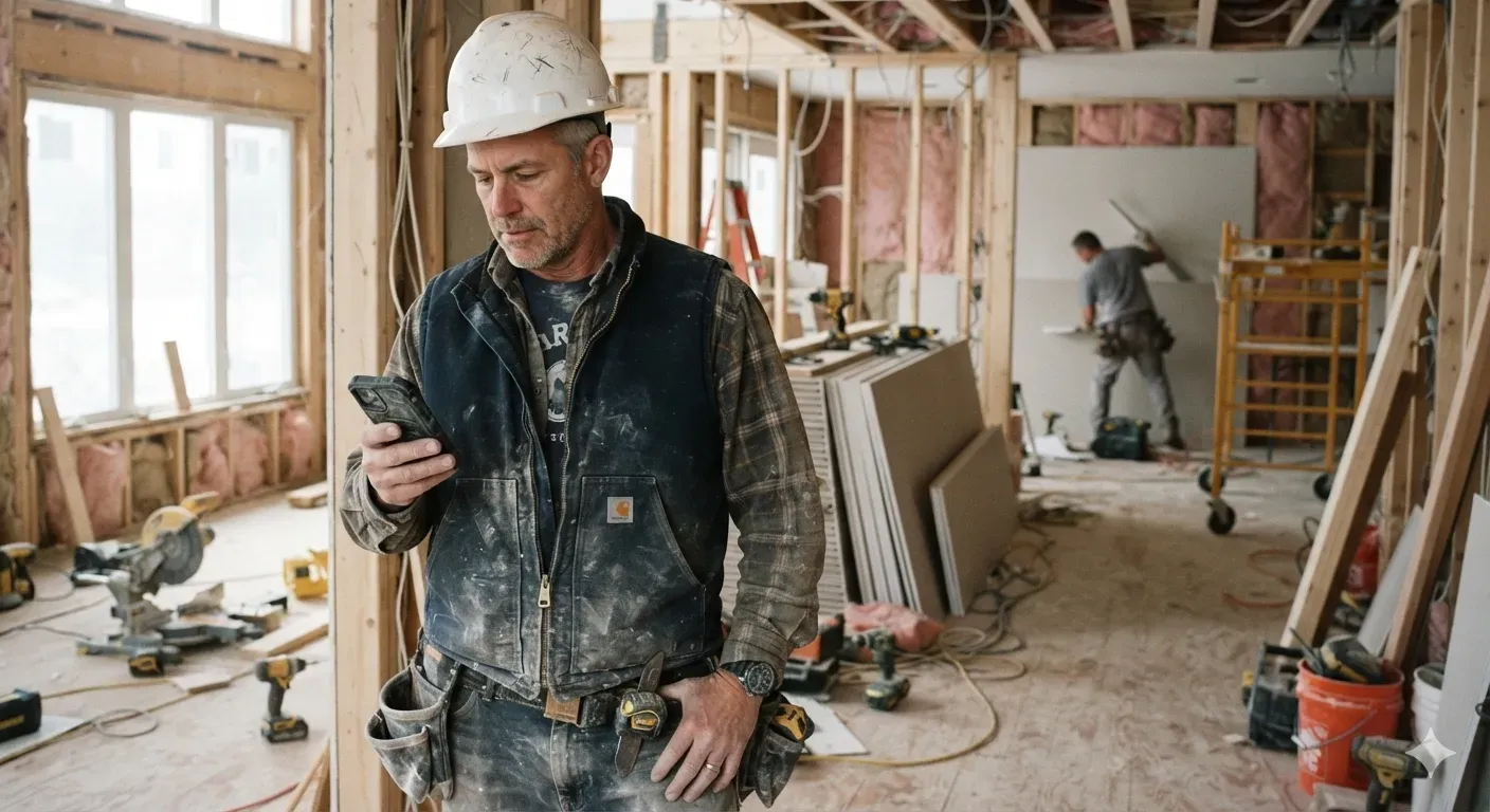 A contractor in a hard hat checks a phone in a house under renovation, with a crew hanging drywall behind.