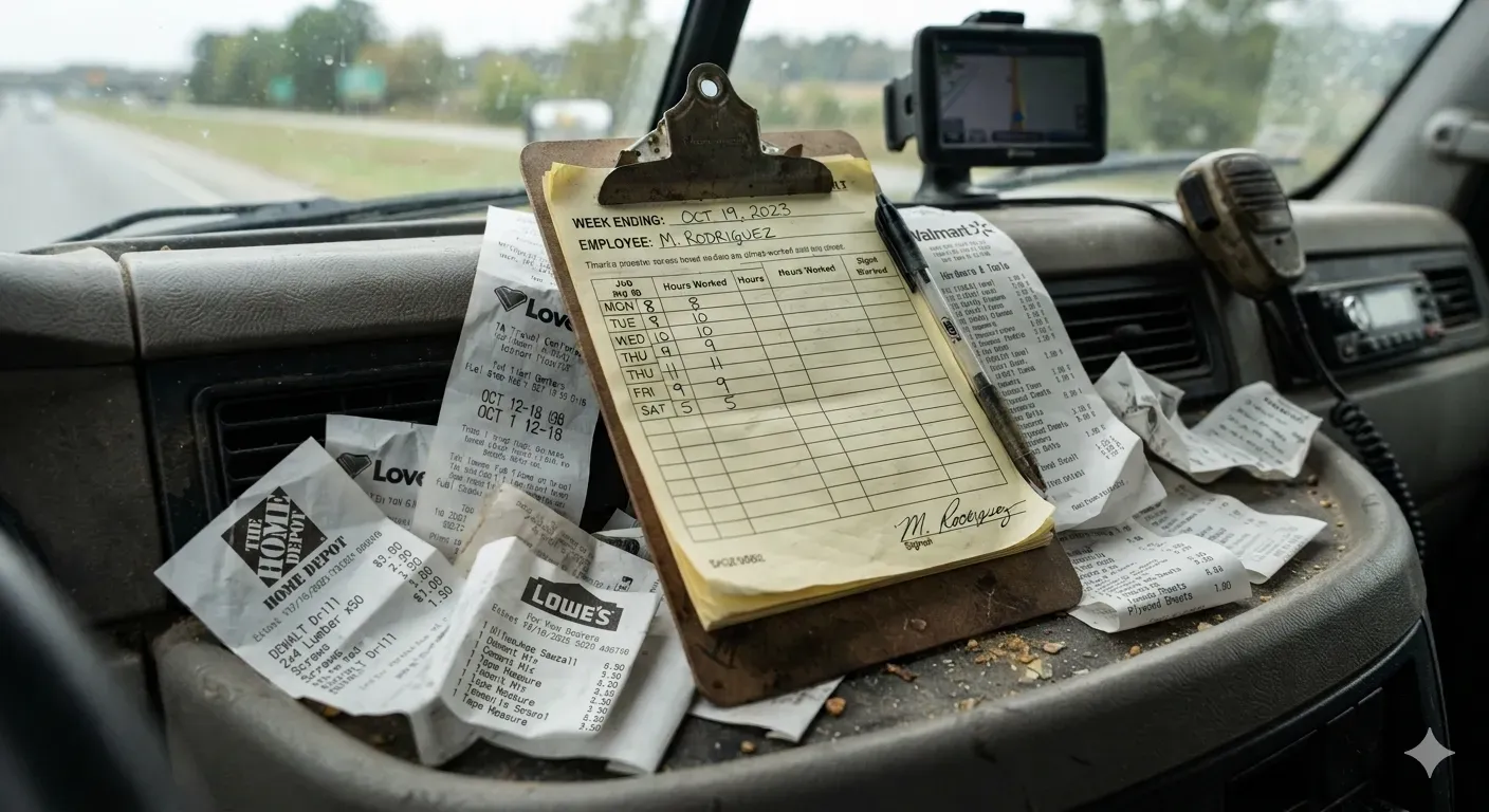 Crumpled store receipts and a handwritten weekly timesheet on a clipboard, piled on a truck dashboard.